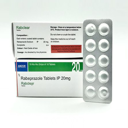 Product Name: Rabclear, Compositions of Rabclear are RabeprazoleTablets I.P. 20 mg - Amzor Healthcare Pvt. Ltd