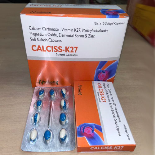Product Name: CALCISS K27, Compositions of CALCISS K27 are Calcium Carbonate Vitamin K27 methylcoblamin magenesium Oxide Elwmwntal Boron & Zinc Soft Gelatin Capsules - Medicure LifeSciences