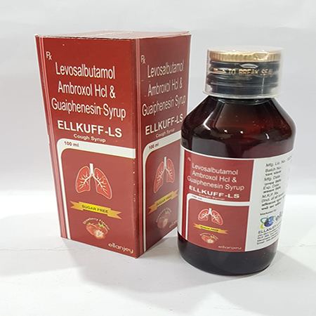 Product Name: Ellkuff LS, Compositions of Ellkuff LS are Levosalbutamol Ambroxol HCL & Guaiphensin Syrup - Ellanjey Lifesciences