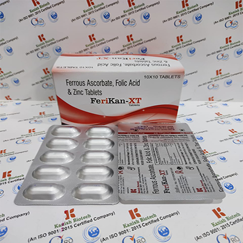 Product Name: Ferikan XT, Compositions of Ferikan XT are Ferrous Ascrobate, Folic Acid & Zinc Sulphate Tablets - Kanish Biotech