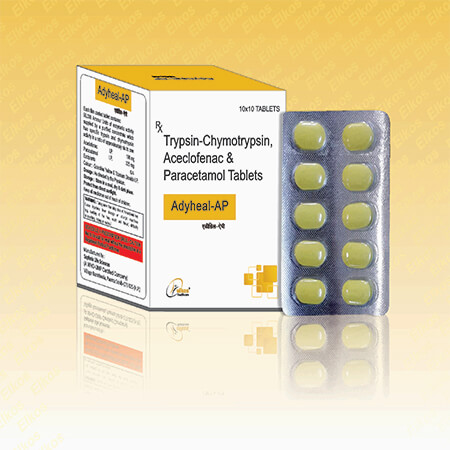 Product Name: Adyheal AP, Compositions of Adyheal AP are Trypsin Chymotrypsin, Aceclofenac & Paracetamol Tablets - Elkos Healthcare Pvt. Ltd