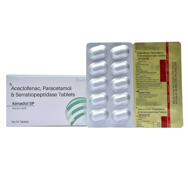 Product Name: KENADOL SP, Compositions of KENADOL SP are Aceclofenac 100 mg + Paracetamol 325 mg + Serratiopeptidase 15 mg. - Fawn Incorporation
