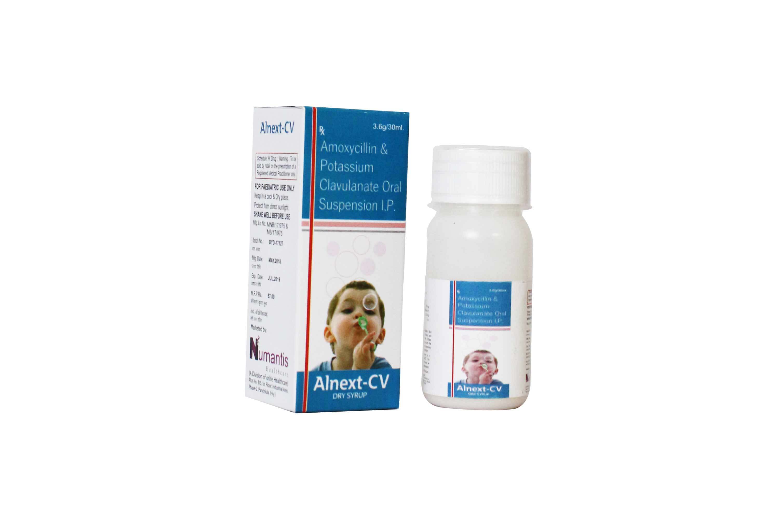 Product Name: Alnext CV, Compositions of Alnext CV are Amoxycillin & Potassium Clavulanate Oral Suspension IP - Numantis Healthcare