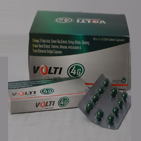 Product Name: Volti, Compositions of Volti are Omega-3 Fatty Acid,Green Tea Extract,Gingko,Biloba,Ginseng,Grape Seed Extract,Vitamins,Minerals,Antioxidants & Trace Elements Softgel Capsules - Zegchem