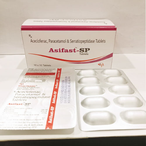 Product Name: Asifast SP, Compositions of Asifast SP are Aceclofenac, Paracetamol and Serratiopeptidase Tablets - Disan Pharma
