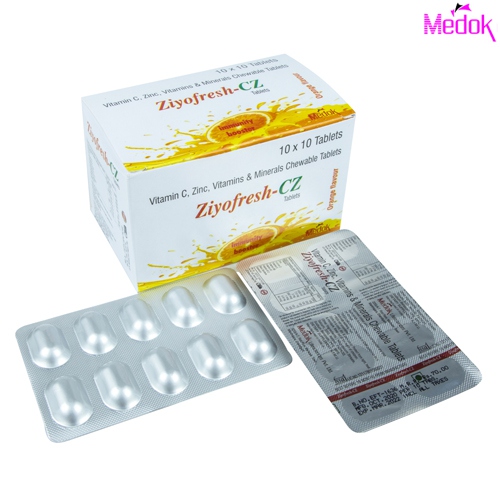 Product Name: Ziyofresh CZ, Compositions of Ziyofresh CZ are Vitamin C Zinc vitamins & minerals chewable tablets - Medok Life Sciences Pvt. Ltd