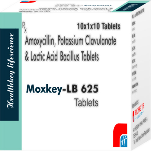 Product Name: MOXKEY LB 625, Compositions of MOXKEY LB 625 are Amoxycillin, Potassium Clavulanate & Lactic Bacillus Tablets - Healthkey Life Science Private Limited