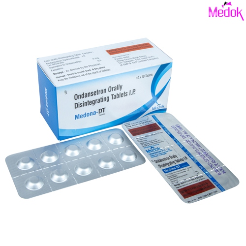 Product Name: Medona DT, Compositions of Medona DT are Ondansetron Orally Disintegrating tablet IP - Medok Life Sciences Pvt. Ltd