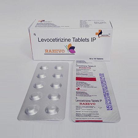 Product Name: Razevo, Compositions of Razevo are Levocetirizine Tablets IP - Ronish Bioceuticals