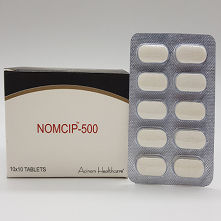 Product Name: Nomcip 500, Compositions of Nomcip 500 are Ciprofloxacin 500mg - Acinom Healthcare