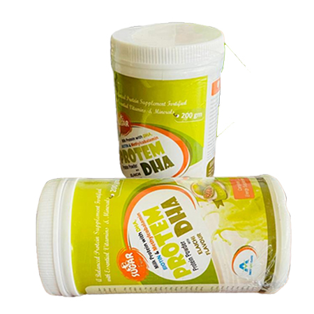 Product Name: PROTEM DHA, Compositions of PROTEM DHA are Milk Protein with DHA, biotin & Methylcobalamin - Amzy Life Care
