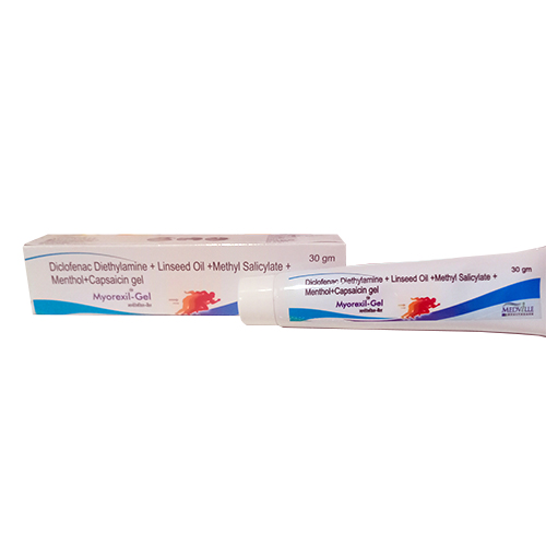 Product Name: Myrorexil, Compositions of Myrorexil are Diclofenac , Diethymaline + Lineseed Oil + Methyl Selicylate + Menthol + Capsaicin Gel - Medville Healthcare
