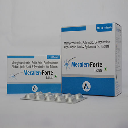 Product Name: MECALEN FORTE, Compositions of MECALEN FORTE are Methylcobalamin, Folic Acid, Benfotiamine Alpha Lipoic Acid & Pyridoxine hcl Tablets - Alencure Biotech Pvt Ltd