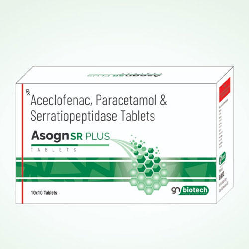 Product Name: Asogn SR Plus, Compositions of Asogn SR Plus are Aceclofenac Paracetamol & Serratiopeptidase - G N Biotech