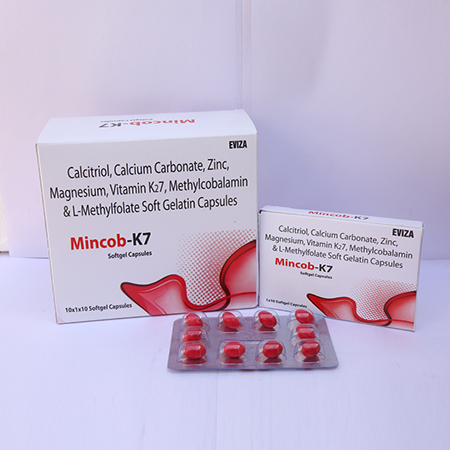 Product Name: Mincob K7, Compositions of Mincob K7 are Calcitriol, Calcium Carbonate, Zinc, Magnesium, Vitamin K27, Methylcobalamin & L-Methylfolate Soft Gelatin Capsules - Eviza Biotech Pvt. Ltd