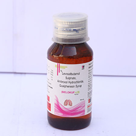 Product Name: Belokuf LS, Compositions of Belokuf LS are Sulphate Ambroxol Hydrochloride,Guaiphenesin Syrup - Eviza Biotech Pvt. Ltd