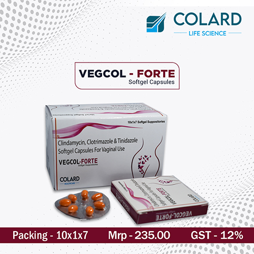 Product Name: VEGCOL   FORTE, Compositions of VEGCOL   FORTE are Clindamycin, clotrimazole & Tinidazole Softgel Capsules For Vaginal Use - Colard Life Science