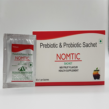 Product Name: Nomtic, Compositions of Nomtic are prebiotic and Probiotic Sachet - Acinom Healthcare