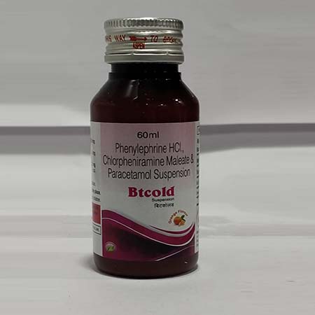 Product Name: Btcold, Compositions of Btcold are Phenylephrine Hcl,Chlopheniramine Maleate & Paracetamol Suspension - Biotanic Pharmaceuticals
