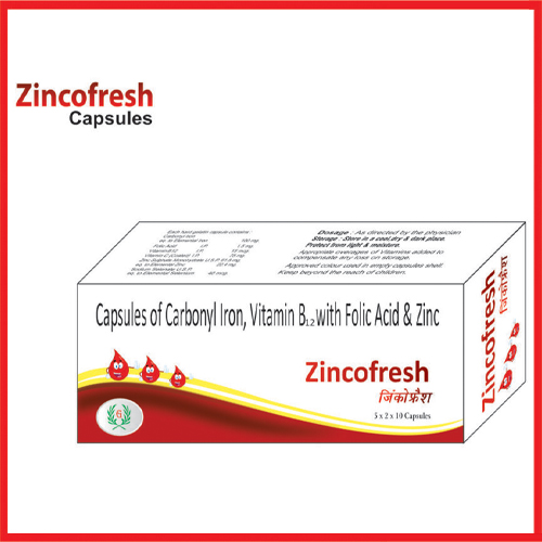 Product Name: Zincofresh, Compositions of Zincofresh are Capsules of Carbonyl Iron,Vitamin B12 WITH Folic Acid & Zinc - Greef Formulations