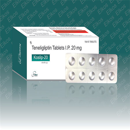 Product Name: Koslip 20, Compositions of Koslip 20 are Teneligliptin Tablets IP 20mg - Elkos Healthcare Pvt. Ltd
