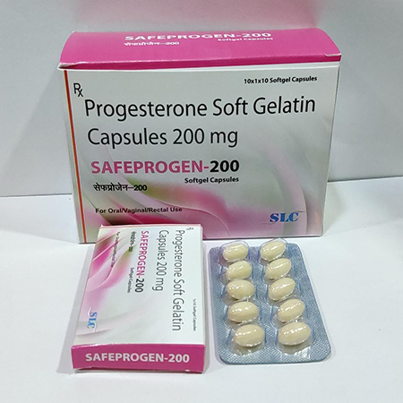 Product Name: Safeprogen 200, Compositions of Safeprogen 200 are Progesterone Soft Gelatin Capsules 200 mg - Safe Life Care