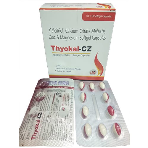 Product Name: Thyokal CZ, Compositions of Thyokal CZ are Calcitriol,Calcium Citrate Malate Zinc & Magnesium Softgel Capsules - JV Healthcare