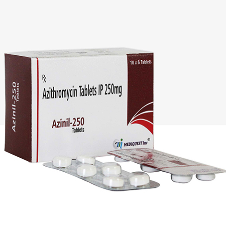 Product Name: AZINIL 250, Compositions of AZINIL 250 are Azithromycin Tablets IP 250mg - Mediquest Inc
