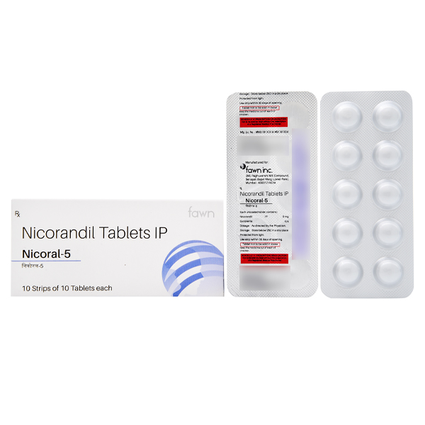Product Name: NICORAL 5, Compositions of NICORAL 5 are Nicorandil I.P 5mg - Fawn Incorporation