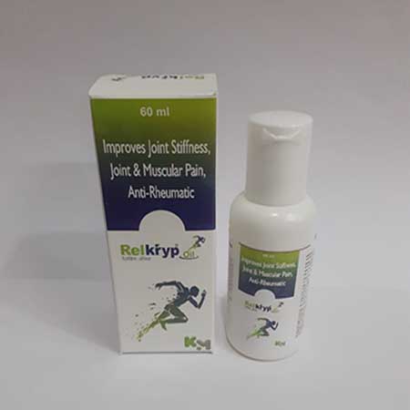Product Name: RELKRYP OIL, Compositions of Improves joint Stiffness , Joint & Muscular Pain, Anti-Rheumatic are Improves joint Stiffness , Joint & Muscular Pain, Anti-Rheumatic - Kryptomed Formulations Pvt Ltd