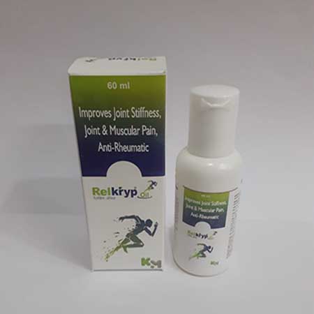 Product Name: Relkryp oil, Compositions of Relkryp oil are Improves joint Stiffness , Joint & Muscular Pain, Anti-Rheumatic - Kryptomed Formulations Pvt Ltd