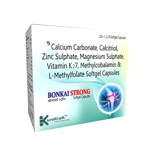 Product Name: BonkaiStrong, Compositions of BonkaiStrong are Calcium Carbonate, Calcitriol, Zinc Sulphate, Magnesium Sulphate, Vitamin K27, Methylcobalamin & L-Methylfolate Softgel Capsules - KureKraft Pharmaceuticals