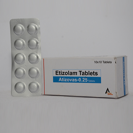 Product Name: ATIZOVAS 0.25, Compositions of ATIZOVAS 0.25 are Etizolam Tablets - Alencure Biotech Pvt Ltd