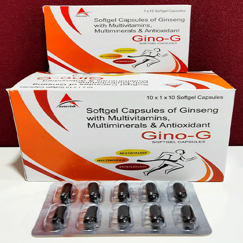 Product Name: Gino G, Compositions of Gino G are Softgel capsules of gineseng with multivitamins multiminerals & Antioxidant - Asterisk Laboratories