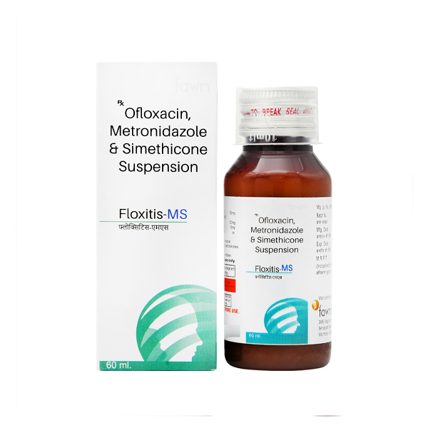 Product Name: FLOXITIS MS, Compositions of FLOXITIS MS are Ofloxacin , Metronidazole & Simethicone Suspension (50mg+120mg+10mg) - Fawn Incorporation