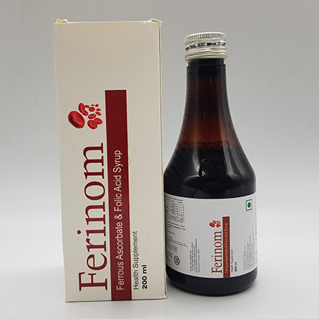 Product Name: Ferinom, Compositions of Ferinom are Ferrous Ascorbate and Folic Acid Syrup - Acinom Healthcare