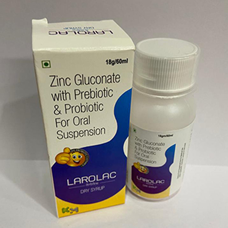 Product Name: LAROLAC, Compositions of LAROLAC are Zinc Gluconate with Prebiotic & Probiotic For Oral Suspension - Kryptomed Formulations Pvt Ltd