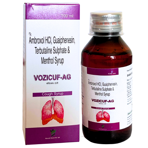 Product Name: VOZICUF AG, Compositions of VOZICUF AG are Ambroxol HCL, Guaiphenesin, Terbutaline Sulphate & Menthol Syrup  - Glenvox Biotech Private Limited
