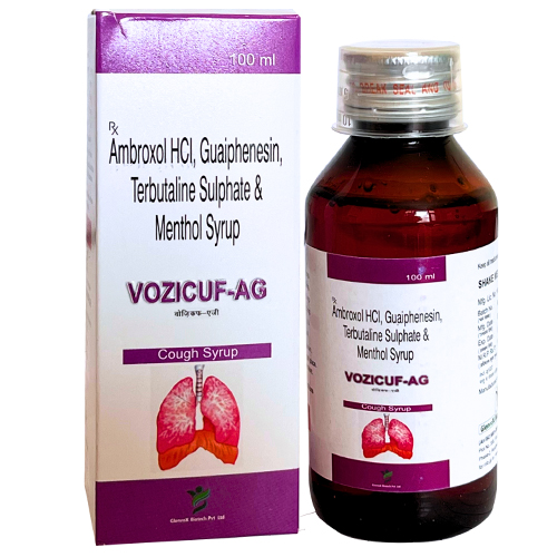 Product Name: Vozicuf ag, Compositions of Vozicuf ag are Ambroxol HCL, Guaiphenesin, Terbutaline Sulphate & Menthol Syrup  - Glenvox Biotech Private Limited