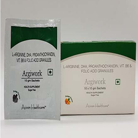 Product Name: Argiwork, Compositions of Argiwork are L Arginine DHA, Proanthocyanidin , Vit.B6 and Folic Acid Granules - Acinom Healthcare