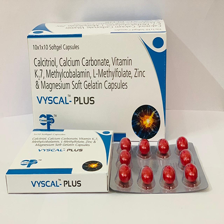 Product Name: Vyscal Plus, Compositions of Vyscal Plus are Calcitriol Calcium Citrate Maleate Zinc & Magnesium Softgel Capsules - Cassopeia Pharmaceutical Pvt Ltd