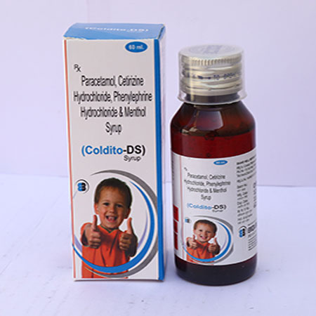 Product Name: Coldito DS, Compositions of Coldito DS are Paracetamol Cetrizine Hydrochloride, Phenylphrine Hydrochloride & Menthol Syrup - Eviza Biotech Pvt. Ltd