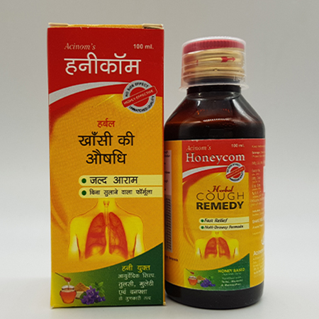Product Name: Honeyom, Compositions of Honeyom are Yashtimadhu, Jaiphal, Somlata, Bansa, Kantkari, Mulathi, Sonth, Kalimirch, Amaltass, Kapoor, Tulsi, Vasaka, Kakra Shinghi, Bahera, Banfasha , Khatami, Nagarmotha, Aapamarg, Lasura (AYURVEDIC COUGH SYRUP) - Acinom Healthcare