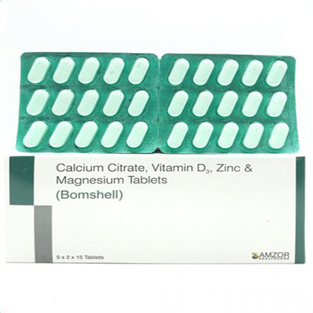Product Name: Bomshell, Compositions of Bomshell are Calcium Citrate,Vitamin D3,Zinc Magnesium Tablets - Amzor Healthcare Pvt. Ltd