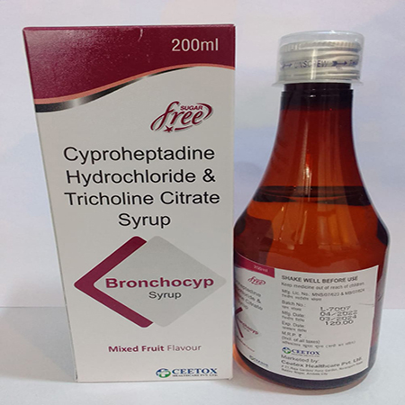 Product Name: Bronchocyp, Compositions of Bronchocyp are Cyproheptadine Hydrochloride And Tricholine Citrate Syrup - Ceetox HealthCare Private Limited