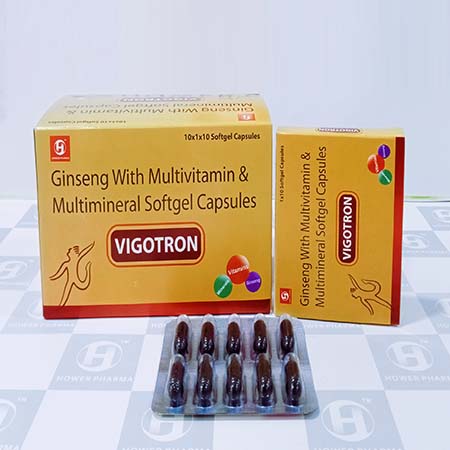 Product Name: Vigotron, Compositions of Vigotron are Ginseng with Multivitamin & Multiminerals Softgel Capsules - Hower Pharma Private Limited