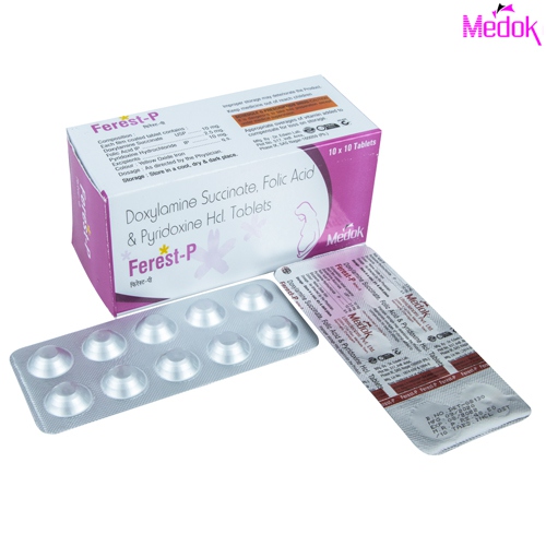 Product Name: Ferest  P, Compositions of Ferest  P are Doxylamine Succinate 10 mg , Phydoxine 10 mg , Folic Acid 2.5 mg (Alu- Alu) - Medok Life Sciences Pvt. Ltd