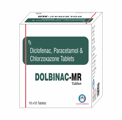 Product Name: DOLBINAC MR 3D, Compositions of DOLBINAC MR 3D are  DICLOFENAC 50 MG PARACETAMOL 325 CHLORZOXAZONE 250 MG - Lavanya Biotech