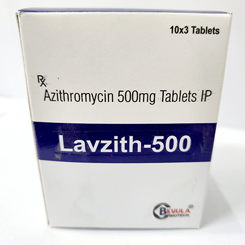 Product Name: Lavzith 500, Compositions of Lavzith 500 are Azithromycin 500mg Tablets IP - Bkyula Biotech