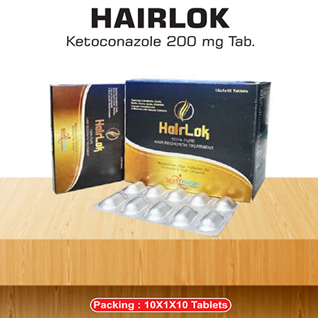 Product Name: Hairlok, Compositions of Hairlok are Ketoconazole 200 mg tab - Scothuman Lifesciences